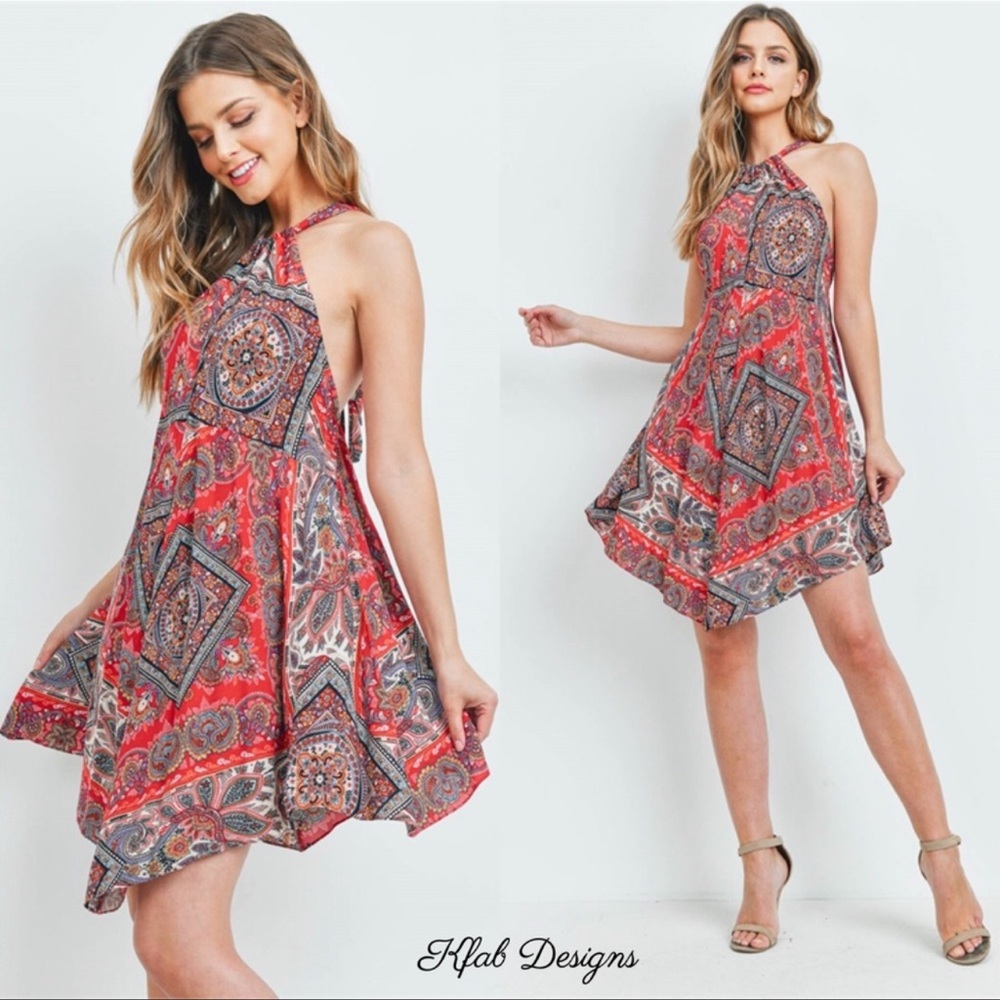 🔥Boho Red Bandana Hem Dress